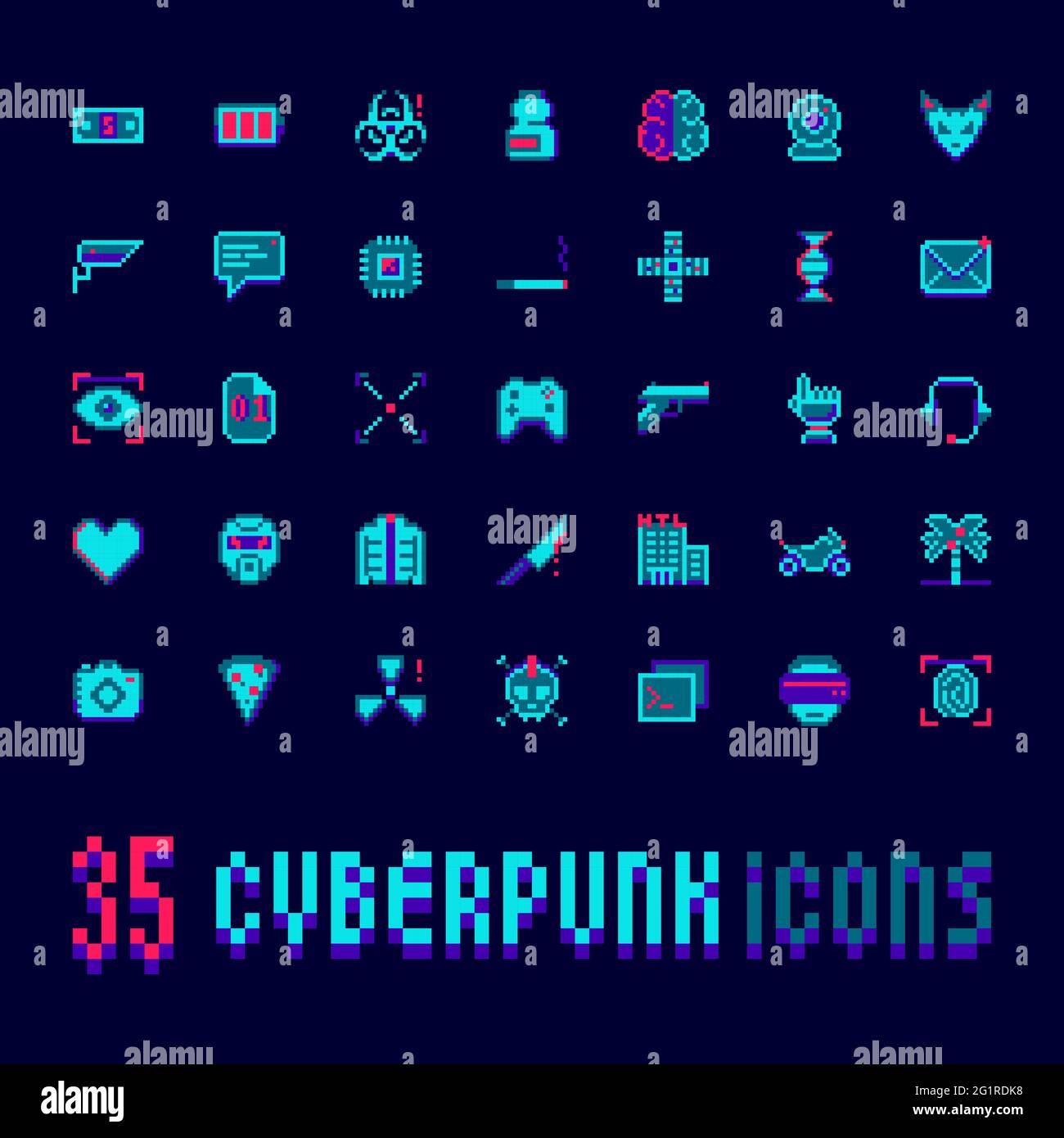 Cyberpunk Pixel Art Vektorsymbole gesetzt. 35 Neon futuristische Elemente, High-Tech-Videospiel-Symbole Stock Vektor