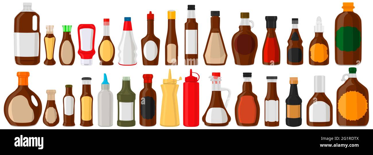 Illustration zum Thema Big Kit abwechslungsreiche Glasflaschen gefüllt flüssigen Schokoladensirup. Flaschen aus Schokoladensirup, leere Etiketten für Titel. Сh Stock Vektor