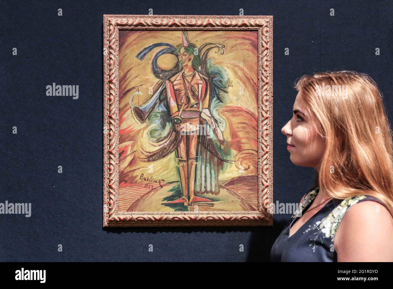 London UK 07 June 2021 Bonhams präsentiert den russischen Verkauf David Burliuk, Dr. Phoebos Öl auf Leinwand Set £35.000-45.000 Paul Quezada-Neiman/Alamy Live News Stockfoto