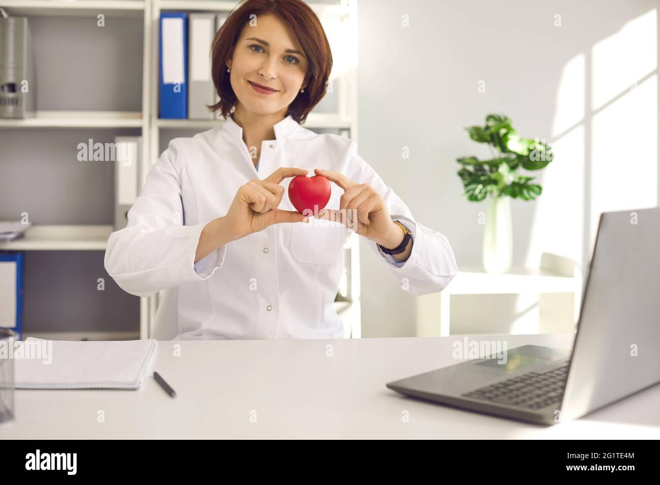 Porträt einer Kardiologin, die ein kleines rotes Herz in der Hand hält, während sie im Büro am Schreibtisch sitzt. Stockfoto