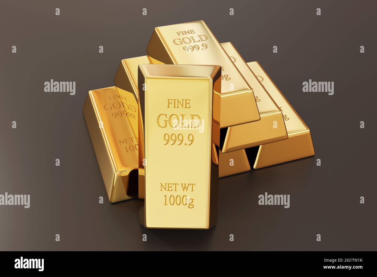 Ein Stapel von 1 kg Goldbarren auf dunklem Hintergrund isoliert. Finanzielles Konzept von Reichtum und Reserve. 3D-Rendering. Stockfoto