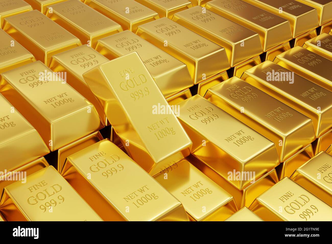 Viele 999.9 1kg Goldbarren füllen den gesamten Bildschirm und Hintergrund. Darstellung des Finanzkonzepts und der Darstellung von Vermögen und Reserven. Stockfoto