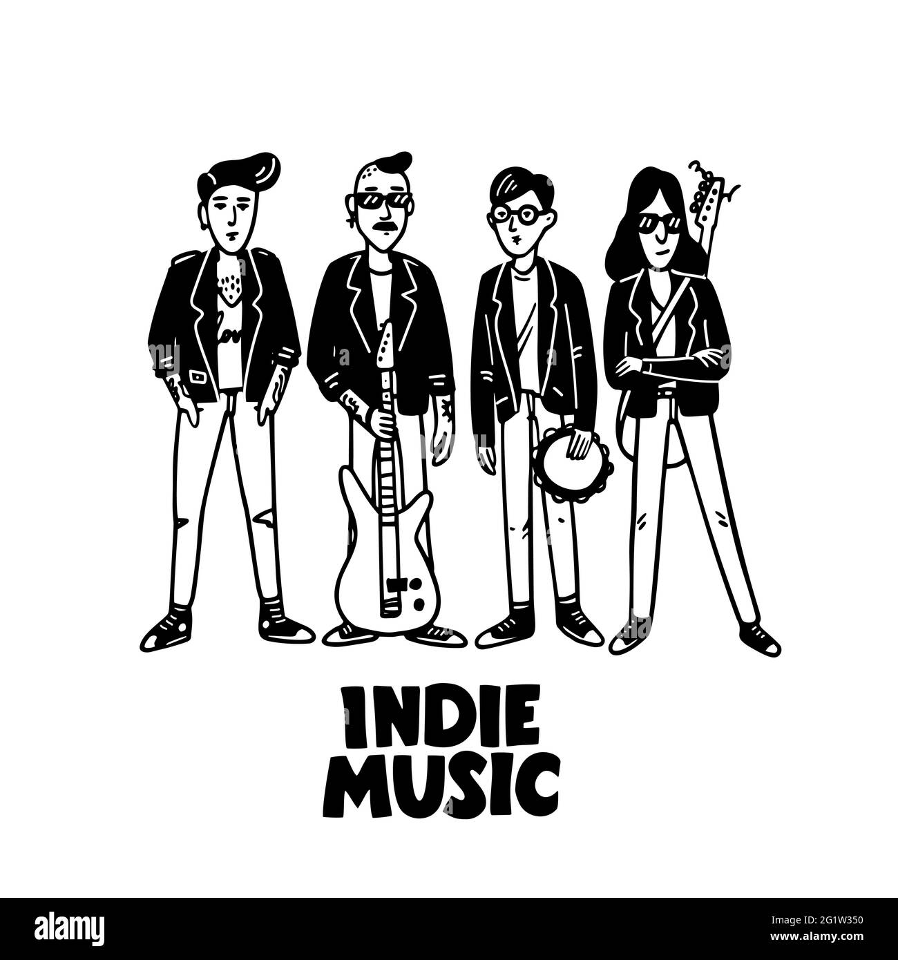 Indie-Rock-Band. Schwarz-weiße Illustration von Musikern in Lederjacken. Vorlage für Karte, Poster, Banner, Druck für T-Shirt, Pin Stock Vektor