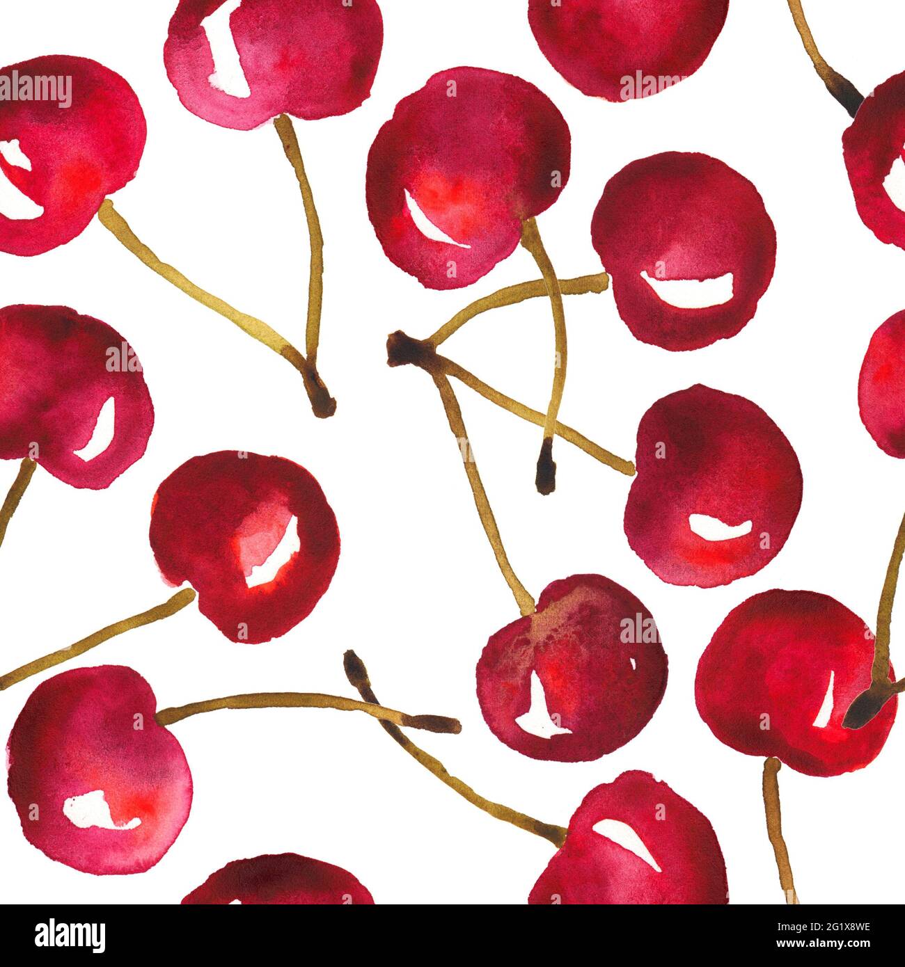 Rote, wasserfarbige Kirschen. Nahtloses, handbemaltes Muster Stockfoto