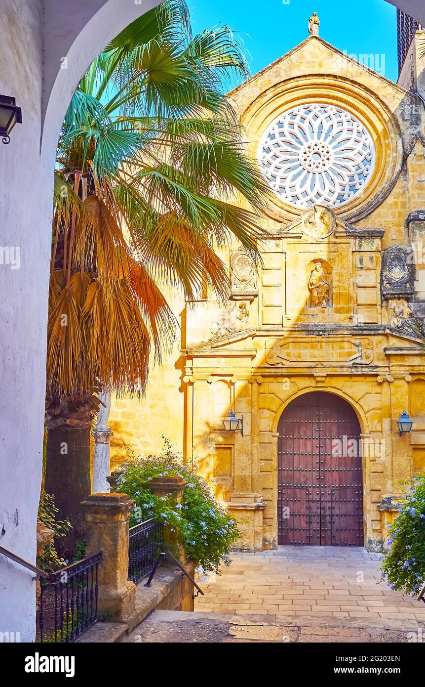 Die steinerne Fassade der Kirche San Pablo, dekoriert mit Skulpturen und szenischen Rosettenfenster, Cordoba, Spanien Stockfoto