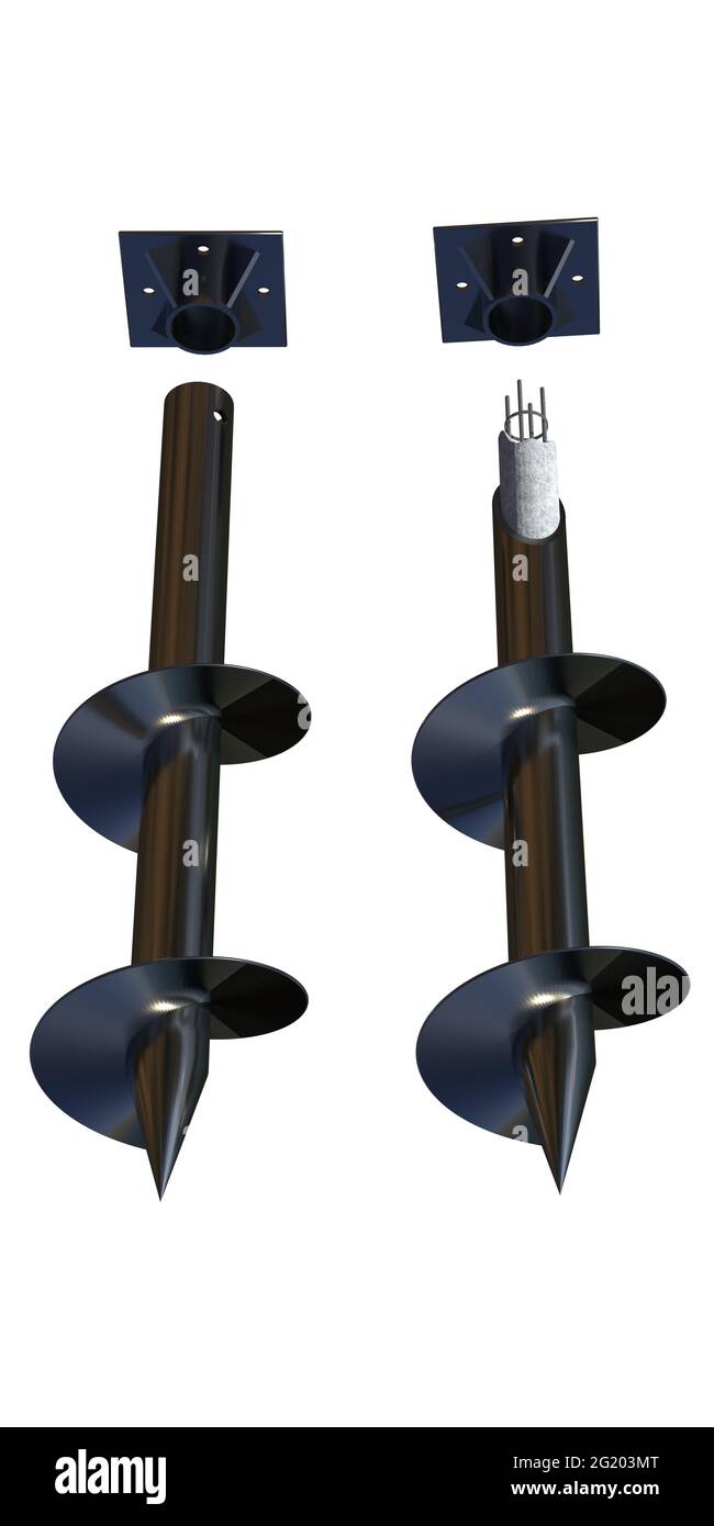 Schraubfundamente mit Spitzen - Beton und Bewehrung - isoliertes Konzept industrielle 3D-Illustration Stockfoto