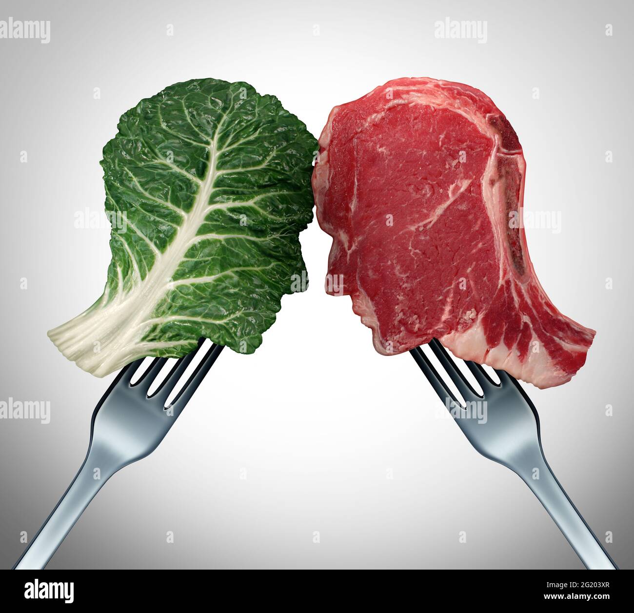 Lebensmittelauswahl und gesundheitsbezogene Essmöglichkeiten wie ein menschliches kopfförmiges grünes Gemüsekieferblatt und Fleisch als rotes Steak für Ernährungsentscheidungen. Stockfoto