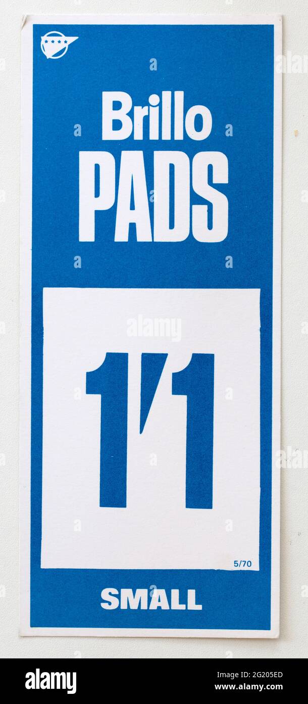 1970er Shop Werbung Preis Display Label - Brillo Pads Stockfoto
