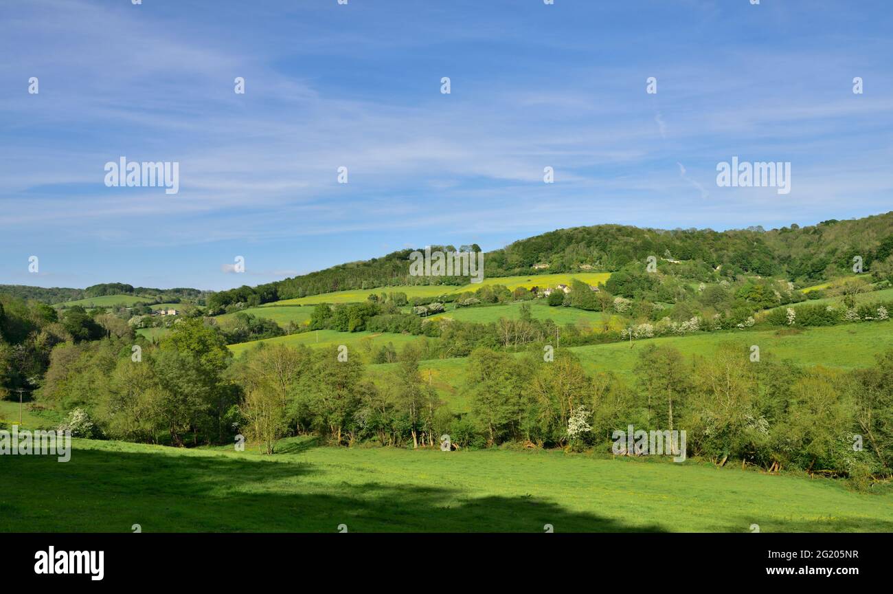 Gloucestershire Countryside mit Feldern, Wäldern und Hecken, Großbritannien Stockfoto