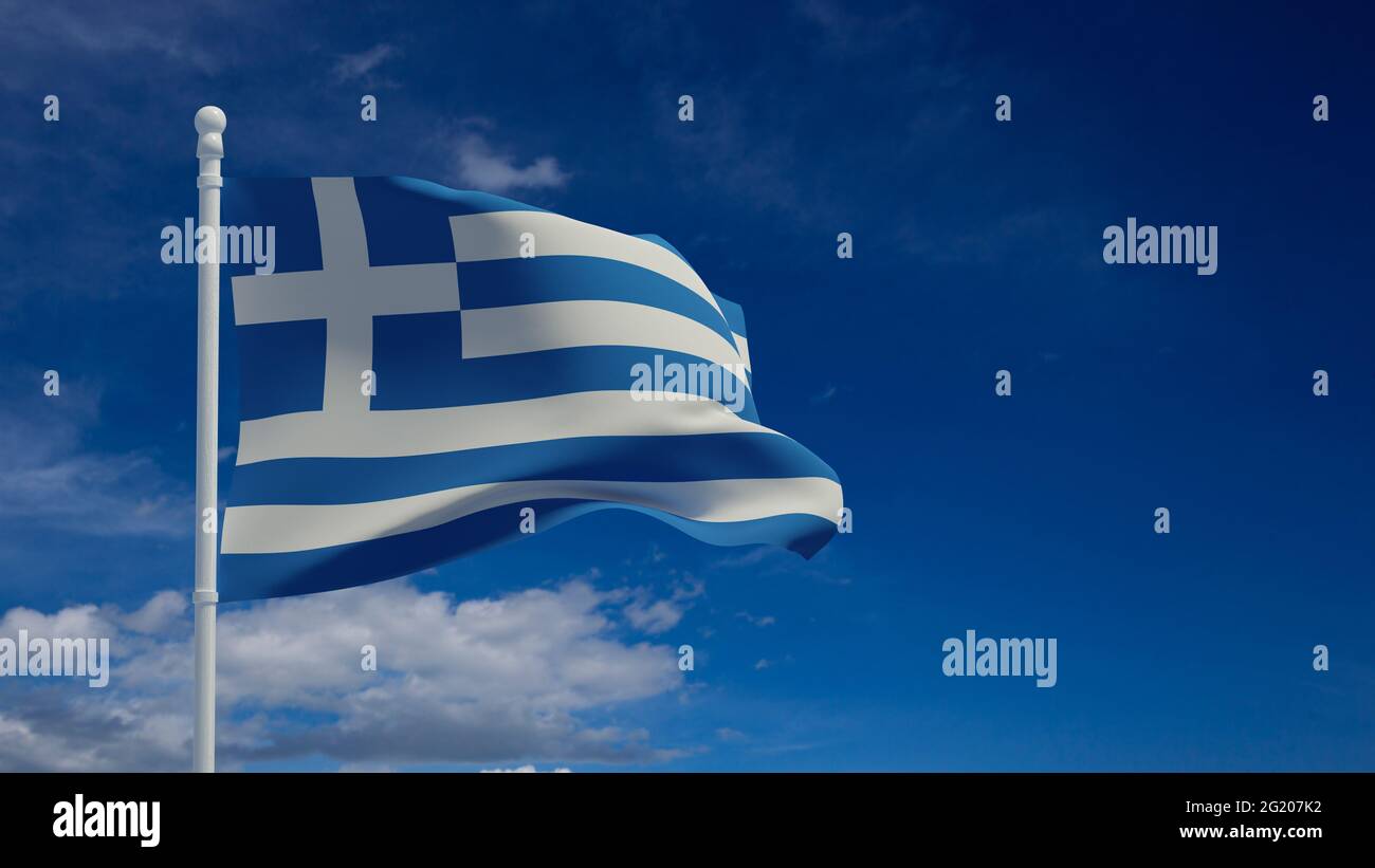Hellenische Republik, auch bekannt als griechische Nationalflagge, winkt im Wind. 3d-Rendering, CGI Stockfoto