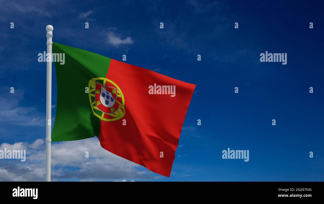 Die Nationalflagge der Portugiesischen Republik, die im Wind winkt. 3d-Rendering, CGI Stockfoto