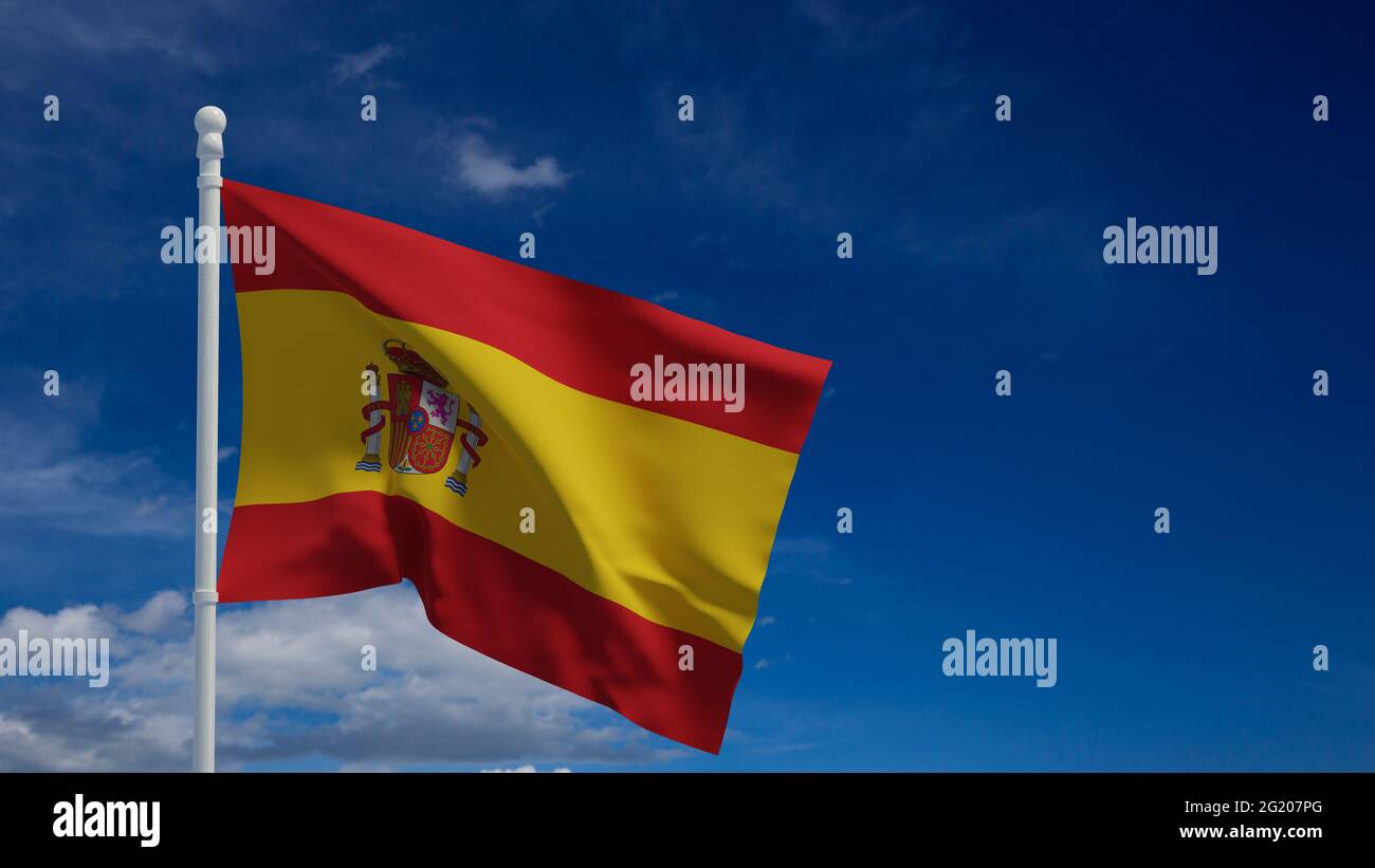 Die Nationalflagge des Königreichs Spanien, die im Wind winkt. 3d-Rendering, CGI Stockfoto