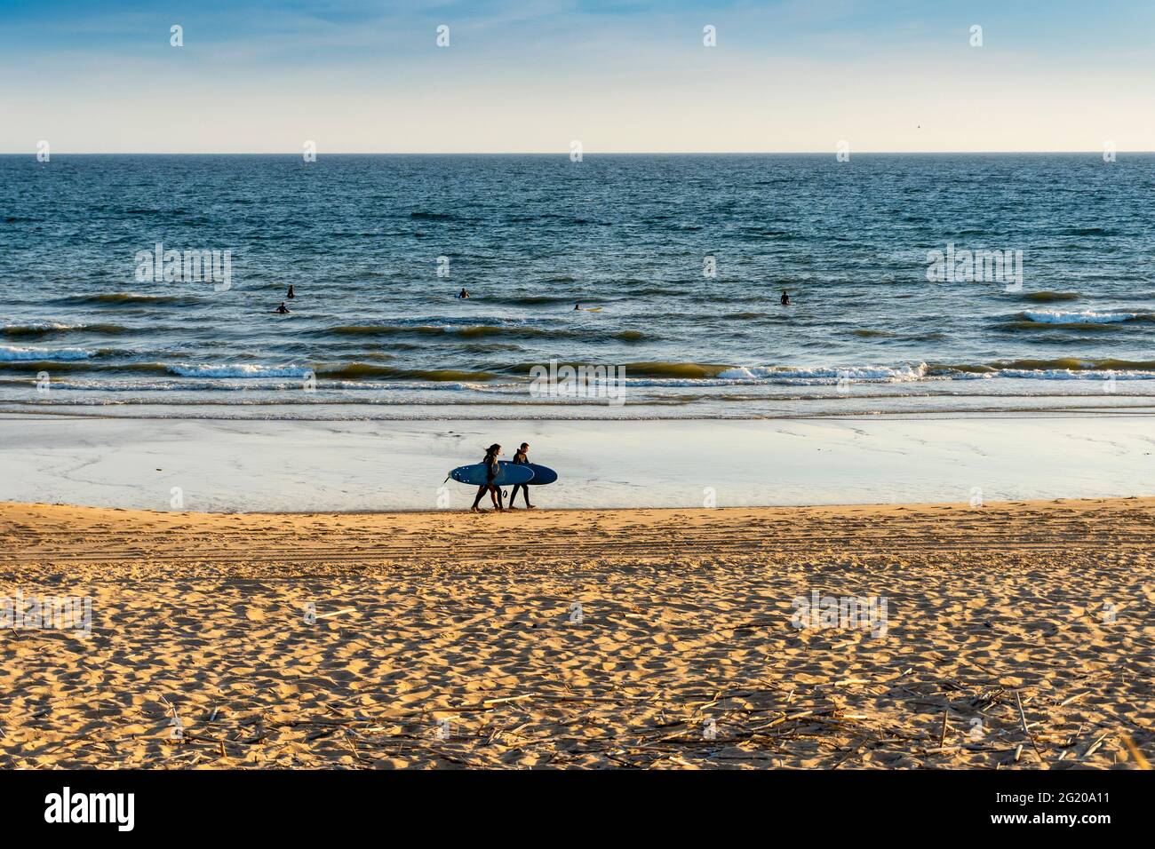 Surfer im Meer und Surfer am Strand in Faro, Algarve, Portugal Stockfoto
