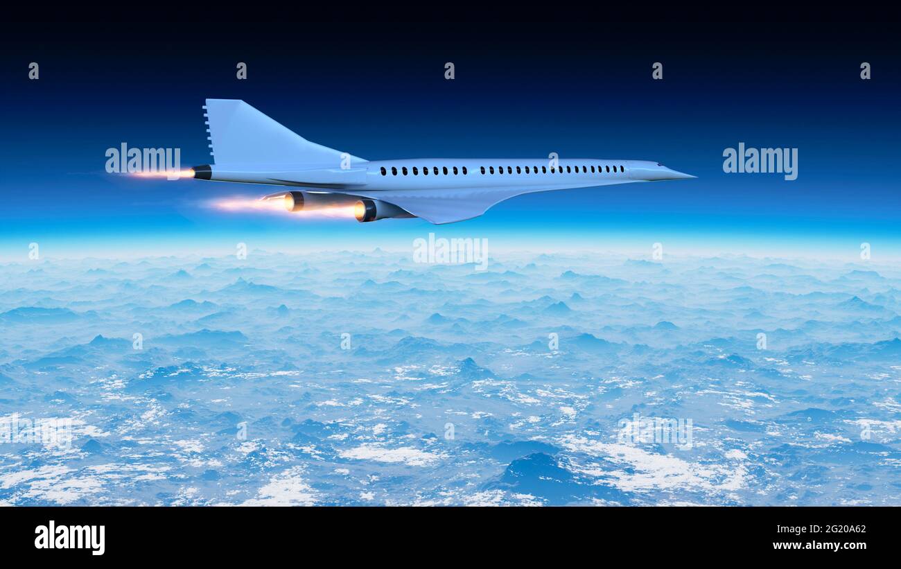 Überschallflug, das Flugzeug, um schneller als je zuvor zu reisen. Im Gegensatz zu anderen kommerziellen Flügen hat es die doppelte Geschwindigkeit. 3d-Rendering Stockfoto