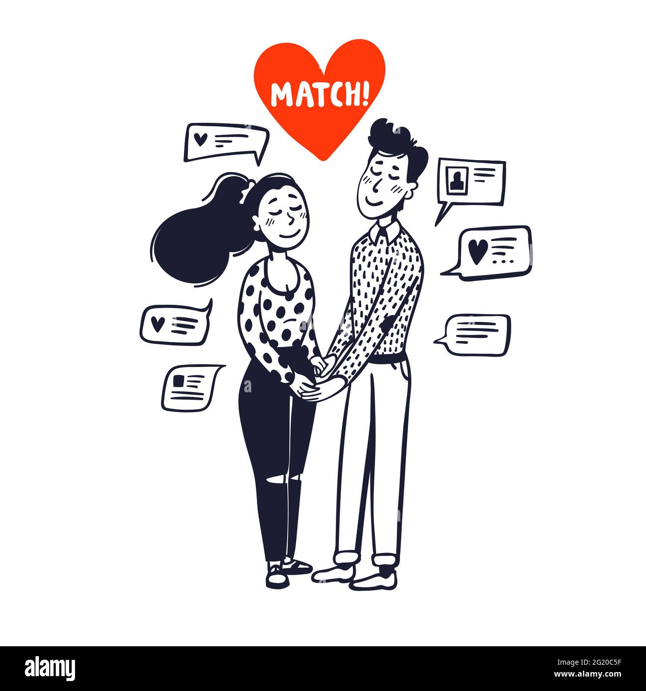 Online-Dating-Konzept. Mädchen und Jungen halten Hände, umgeben von Chat-Nachrichten. Vektordarstellung im Doodle-Stil Stock Vektor