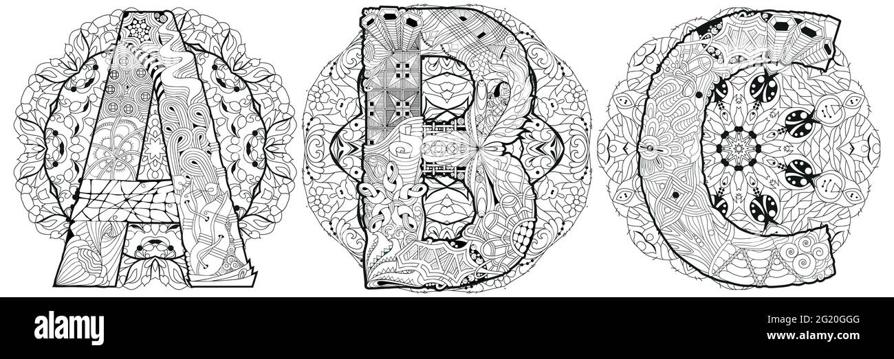 Handgemaltes Kunstdesign. Illustration ABC mit Mandalas für T-Shirt Design, Tattoo und andere Dekorationen Stock Vektor