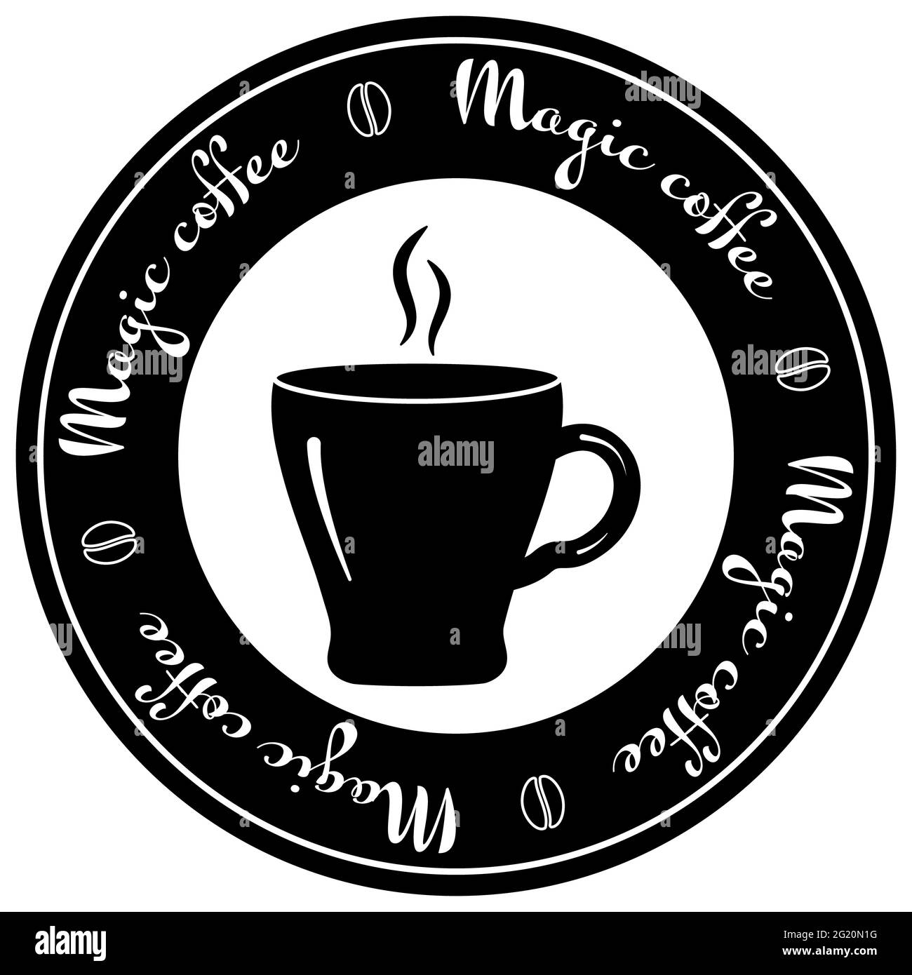 Rundes Logo für Kaffeehaus.Tasse Kaffee und Dampf über Es und Kaffeebohnen in schwarz und weiß.Bildunterschrift um Kreis:Magie Kaffee.für Werbung Stockfoto