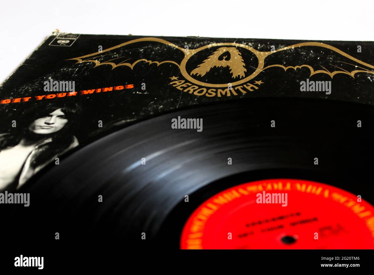 Klassische Rockband, Aerosmith, Musikalbum auf Vinyl-Schallplatte. Mit Dem Titel Get Your Wings Album Cover Stockfoto