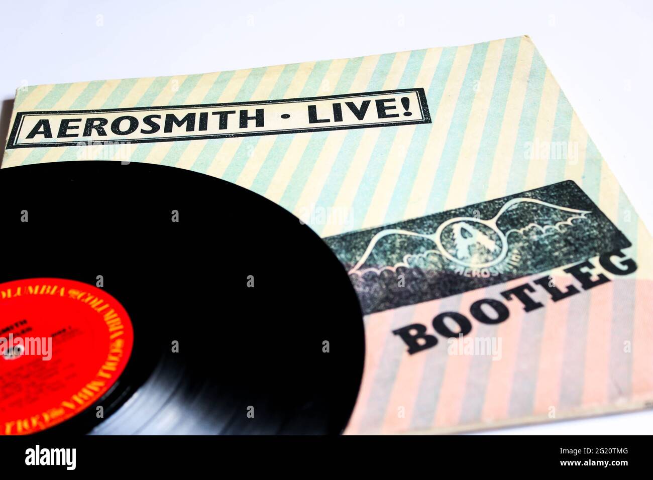 Klassische Rockband, Aerosmith, Musikalbum auf Vinyl-Schallplatte. Bootleg Genannt. Albumcover Stockfoto