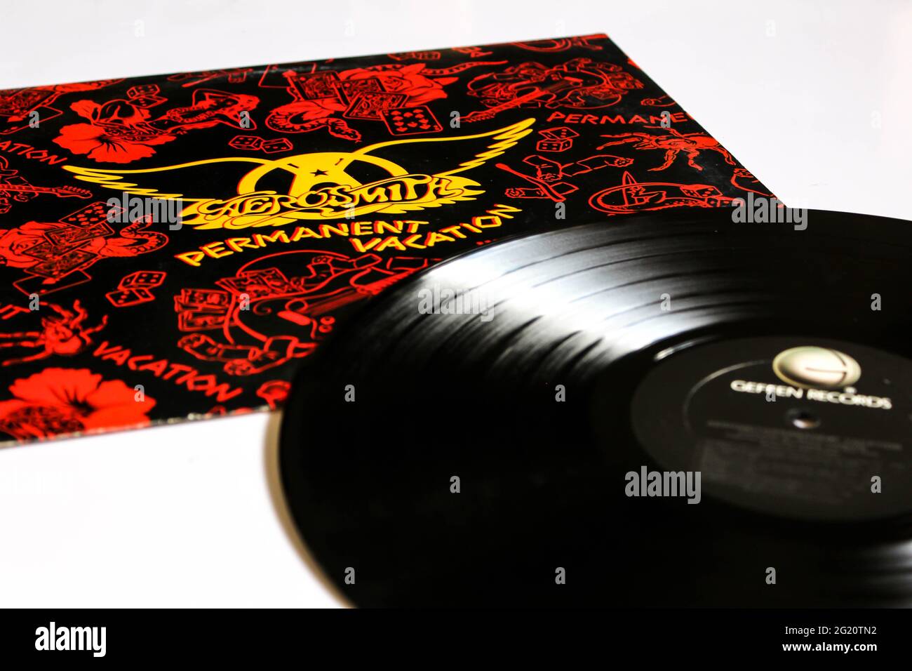 Klassische Rockband, Aerosmith, Musikalbum auf Vinyl-Schallplatte. Mit Dem Titel „Permanenter Urlaub“. Albumcover Stockfoto
