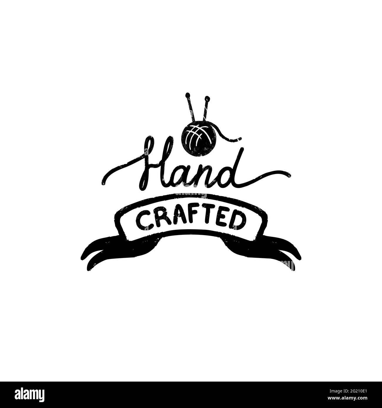 Handgefertigtes Symbol oder Logo. Vintage-Stempel-Ikone mit einer handgefertigten Aufschrift auf Band und Garnkugel. Vintage Vektor Illustration für Banner und la Stock Vektor