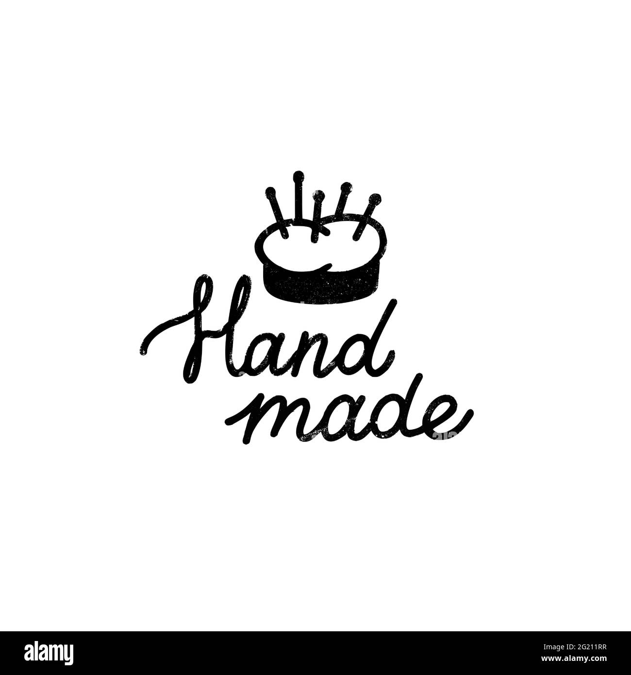 Handgemachtes Symbol oder Logo. Vintage-Stempel-Ikone mit handgefertigtem Schriftzug und Nadelkissen. Vintage Vektor Illustration für Banner und Label Design Stock Vektor