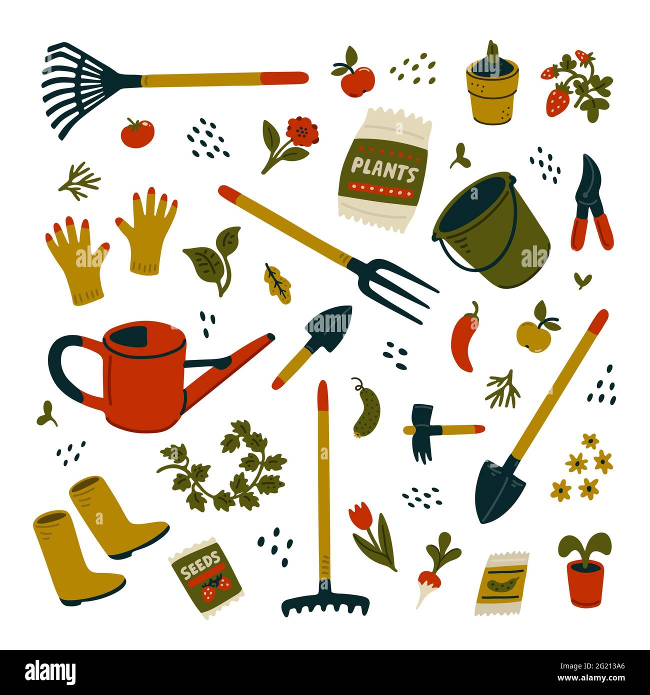 Gartengeräte-Set. Verschiedene Arten von Werkzeugen für die Gartenarbeit. Vektor-Illustration in flacher Cartoon-Stil auf weißem Hintergrund Stock Vektor