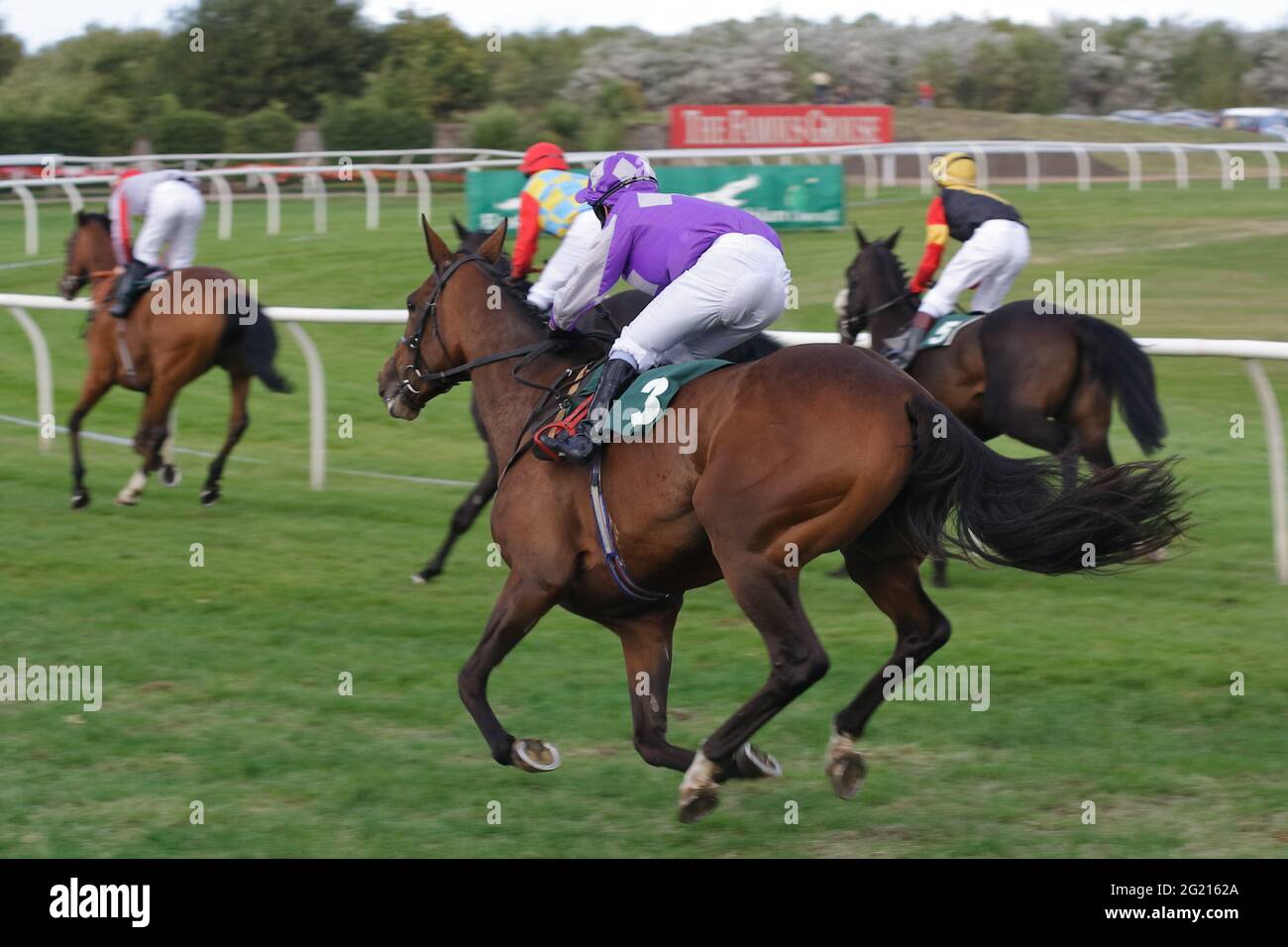 Vorbildliches Pferderennen seit 1816.Pferde und Jockeys bei einem Rennen auf der Musselburgh Racecourse, East, Lothian, Schottland, Großbritannien Stockfoto