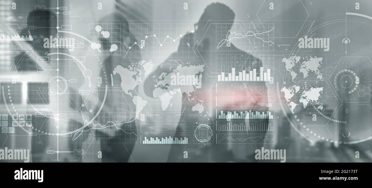 Vielfältige Business-Team in der Stadt digitale Schnittstelle. Intelligence Control Panel. Stockfoto