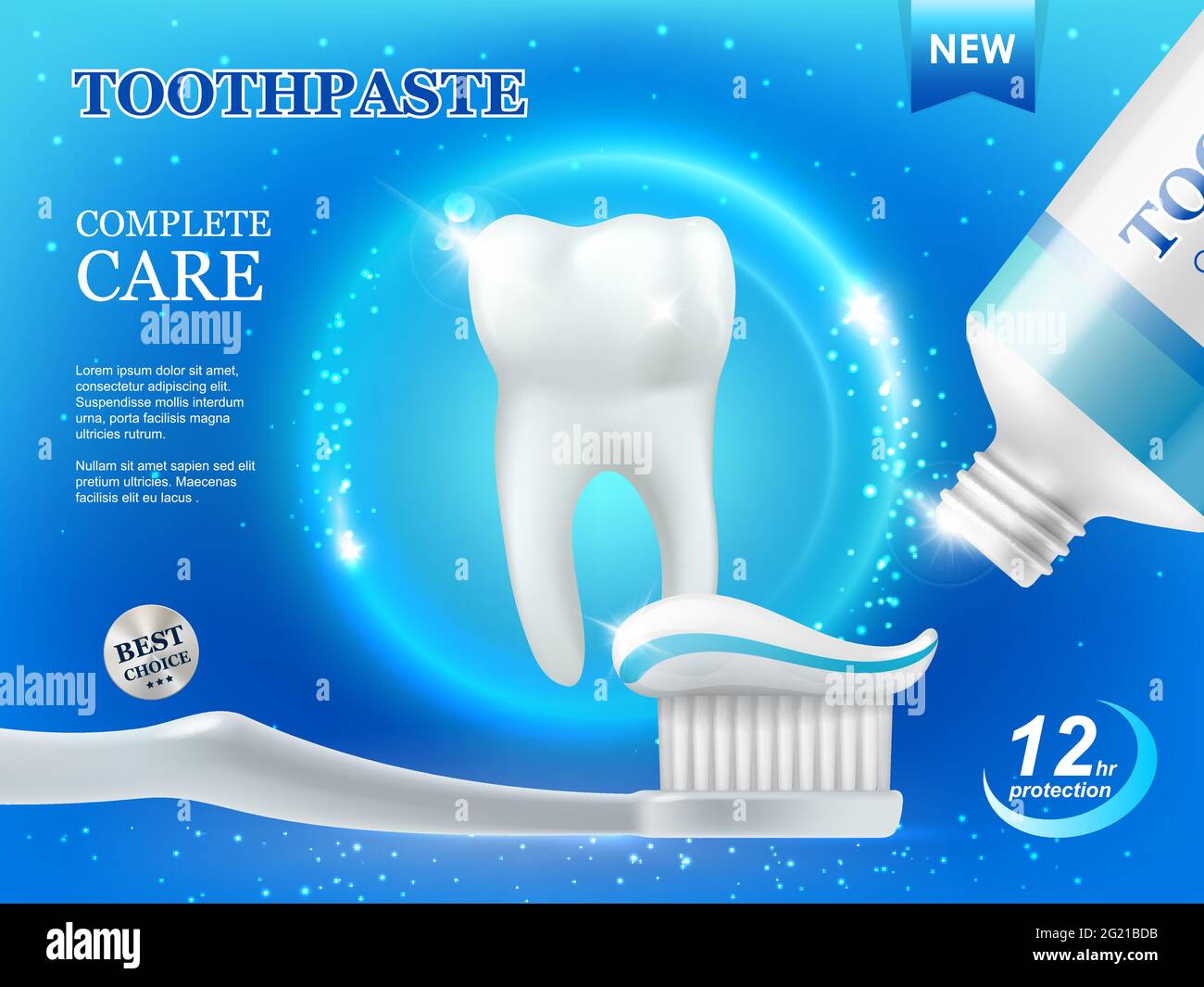 Bleaching Zahnpasta und Pinsel, Zahnpflege, Zahnreinigung  Vektor-Werbeplakat mit weißen gesunden Zahn und Tube mit Paste auf blauem  Hintergrund mit Glow Stock-Vektorgrafik - Alamy