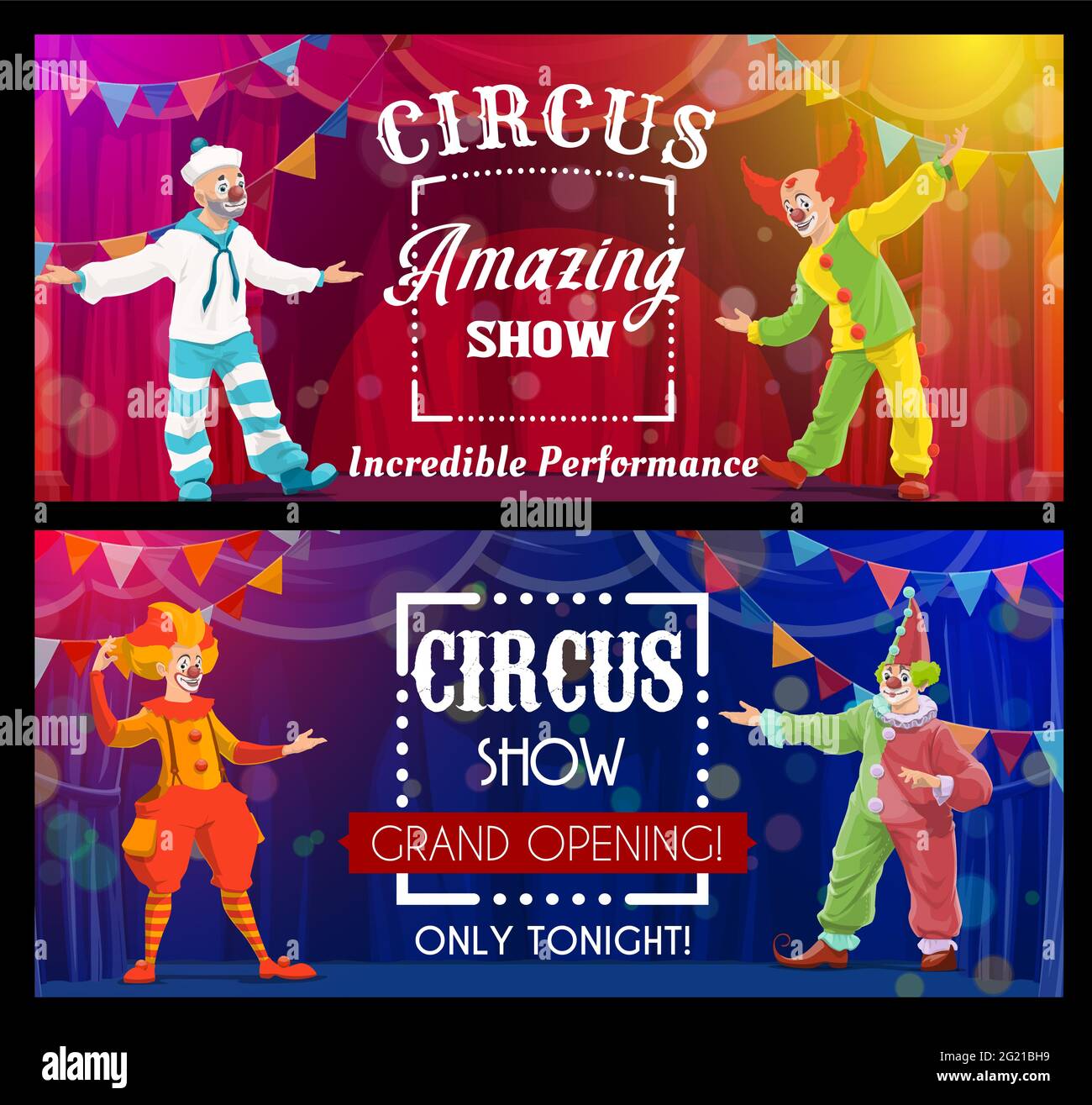 Shapito-Zirkusvorstellung, Cartoon-Clowns, Vektorkünstler oder Darsteller auf der großen Top-Arena. Karnevalsshow große Eröffnungsbanner. Funsters in hellen Kostümen p Stock Vektor