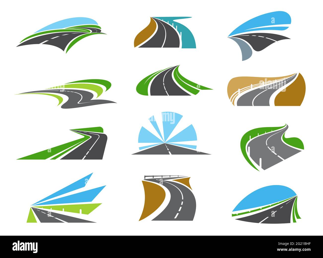 Autobahn, Highway-Straßen-Symbole mit Straßenrändern und Geländer. Kurvenreiche Auffahrt, kurvenreiche Autobahn oder Küstenschnellstraße. Road Trip, Transport und Log Stock Vektor