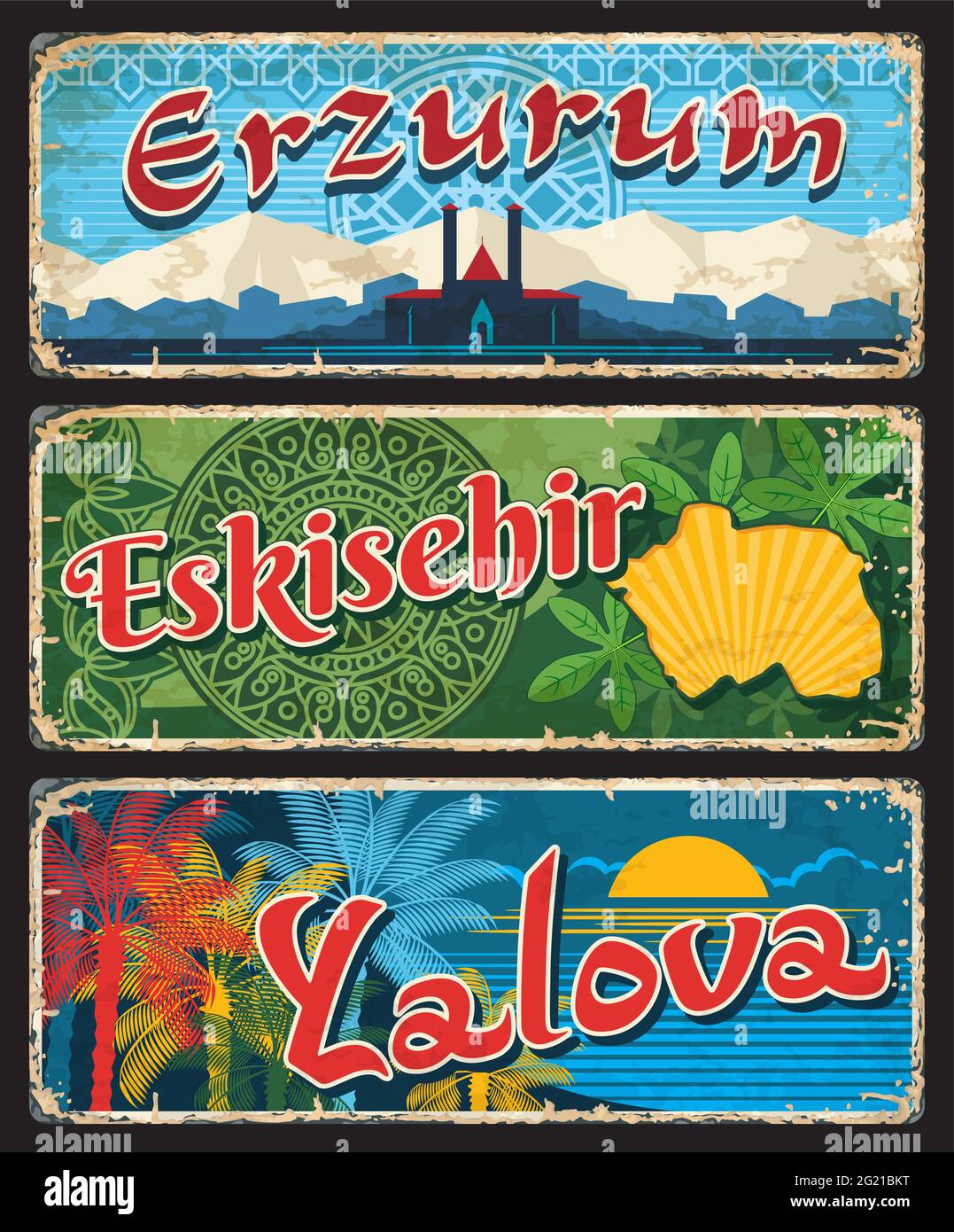 Erzurum, Eskisehir und Yalova Türkisch il, Provinzen Platten, vintage Vektor Banner der touristischen Türkei Wahrzeichen. Retro Grunge Boards, gealterte Reise des Stock Vektor