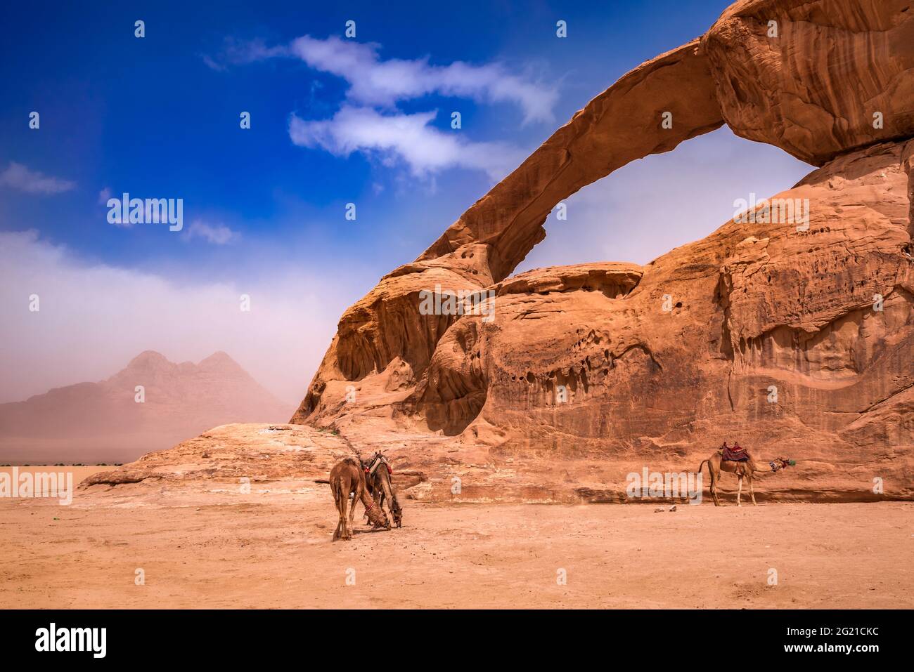 Wadi Rum, Jordanien. Kharaz Felsbrücke Weltwunder im Tal des Mondes von Arabien Wüste. Stockfoto