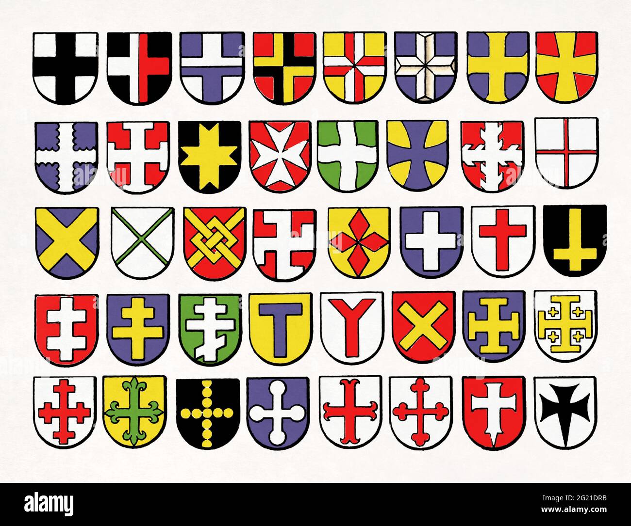 Sammlung von heraldischen Kreuzvarianten aus dem mittelalterlichen Europa. Stockfoto