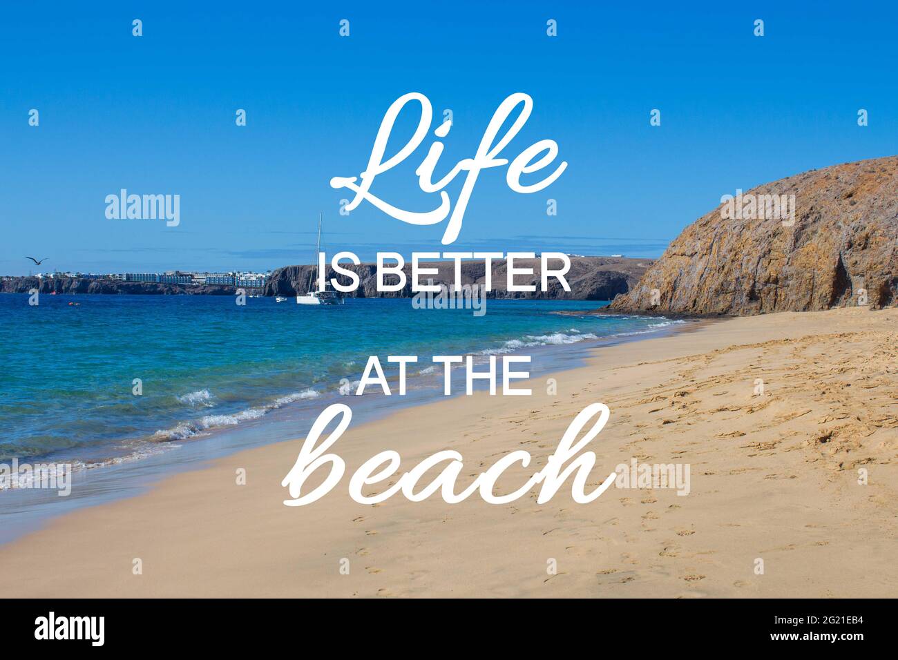 Das Leben am Strand ist besser Zitat. Zitat an einem herrlichen Strand mit klarem Himmel und klarem Wasser im Sommer. Stockfoto
