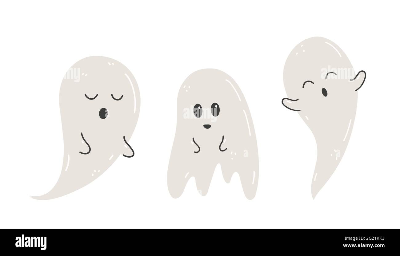 Set von niedlichen Geistern auf weißem Hintergrund isoliert. Lustige gruselige Charaktere.Vektor handgezeichnete Illustration in Cartoon-flachen Stil. Perfekt für Karten, Einladungen, Halloween-Designs, Dekorationen. Stock Vektor