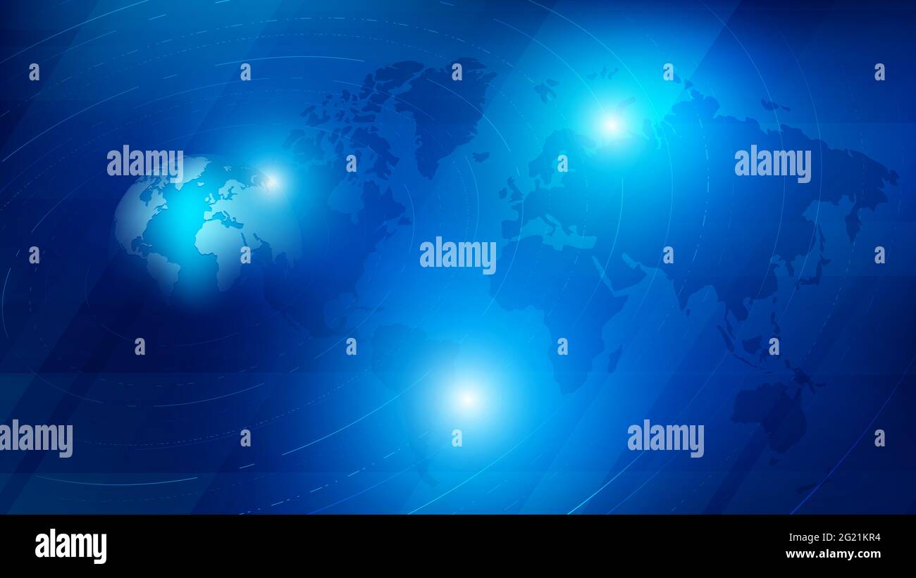 Abstrakter Hintergrund 3D Kugel Kugel und gepunktete Weltkarte in futuristischem Stil, Konzept der Cyber-und Kommunikationswelt, Erde Weltkarte über dunkelblau Stockfoto