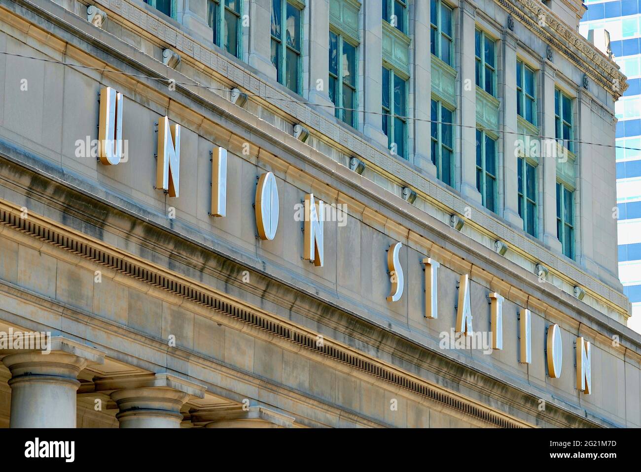 Union Station in Chicago, Illinois, ist der drittgrößte Transitbahnhof des Landes mit über 300 Amtrak- und Metra-Zügen pro Tag. Stockfoto