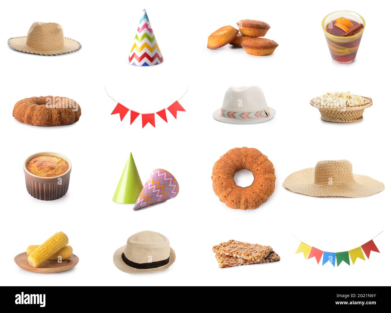 Traditionelles Essen für die Festa Junina (Junifest), Hüte und Party-Dekor auf weißem Hintergrund Stockfoto