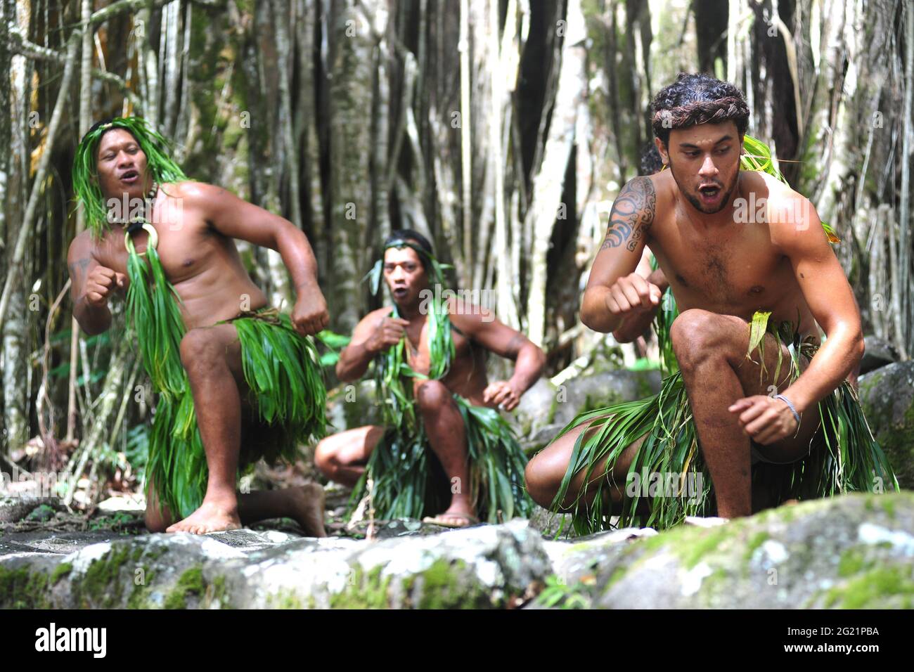 FRANZÖSISCH-POLYNESIEN, MARQUESAS-INSELN. INSEL NUKU HIVA. BEI HATIHEU IST DIE MEAE VON KAMUIHEI SEHR GUT REGESTALTET. STEINWÄNDE UND ROCS MIT PETROGLYP Stockfoto