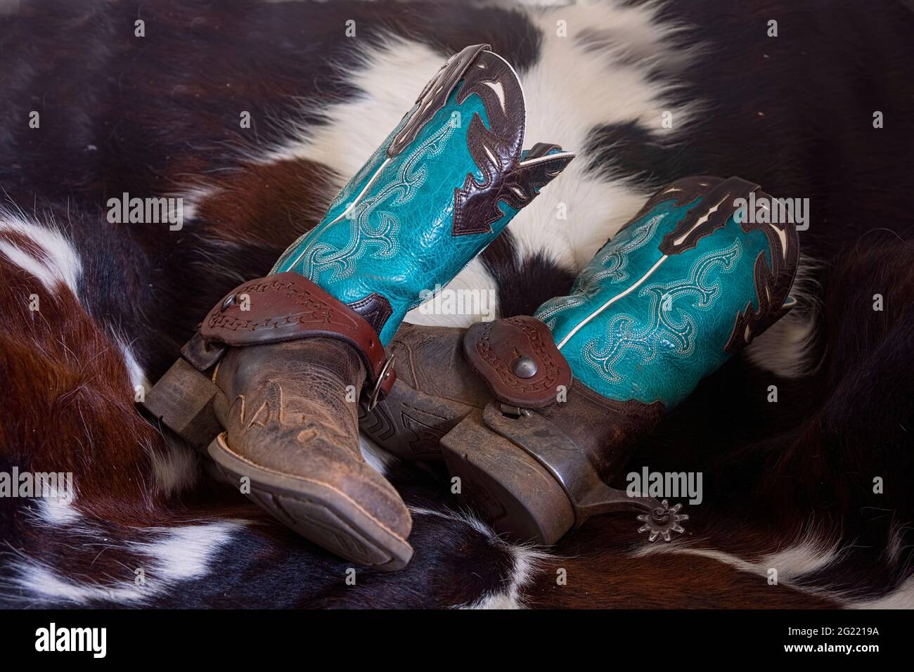 Hübsche Stiefel für ein Cowgirl in Blau und Braun mit aufwendigen Nähten und Mustern auf einem gemusterten Rindslederteppich. Stockfoto