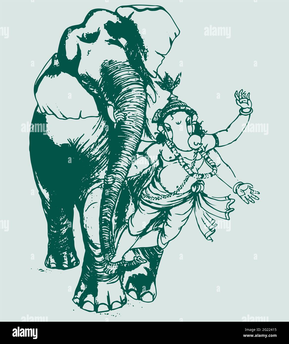 Grüne Zeichnung oder Skizze von Lord Ganesha mit einem Elefanten isoliert auf weißem Hintergrund Stockfoto