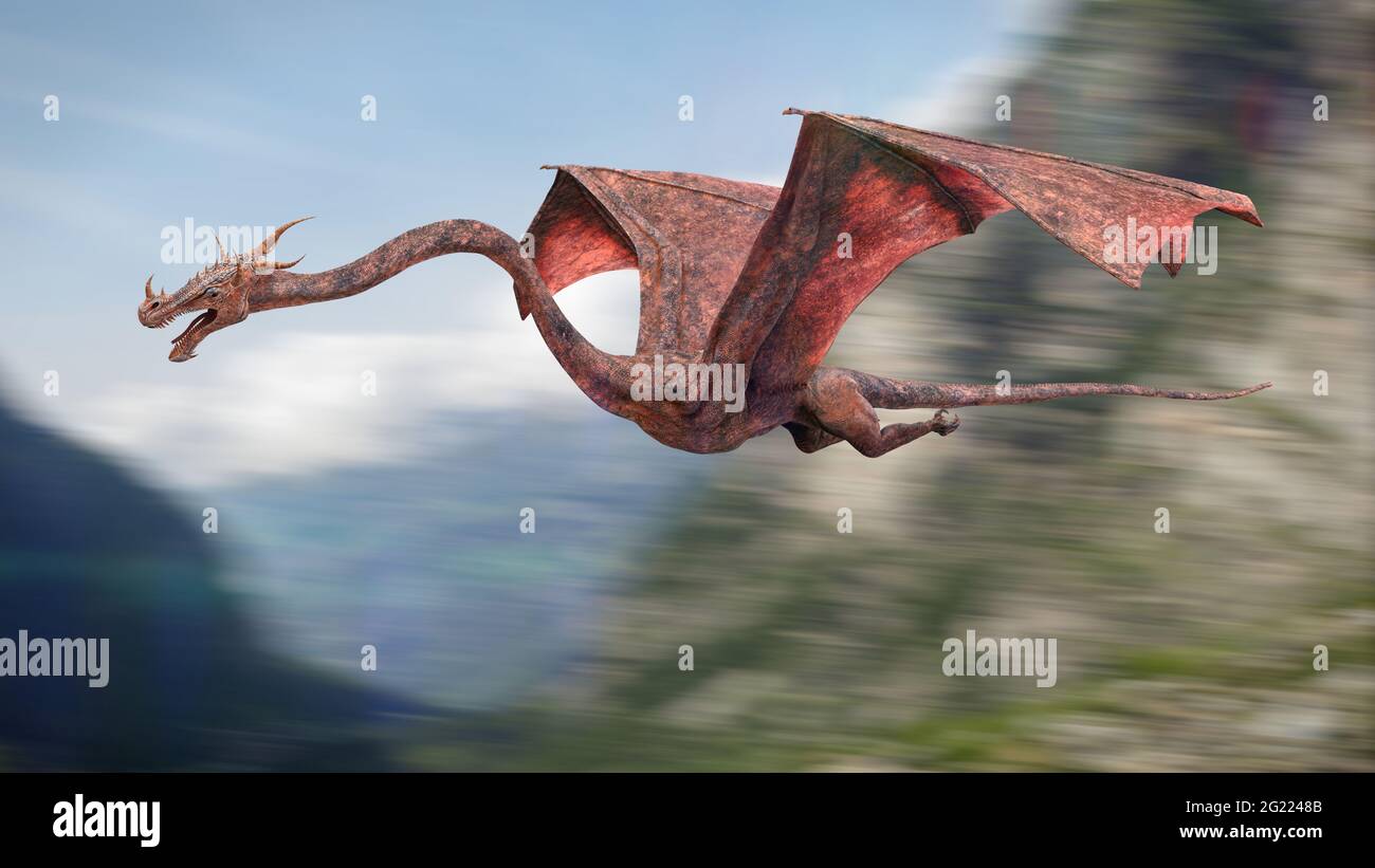 dragon, eine legendäre Kreatur, die durch die Berge fliegt Stockfoto