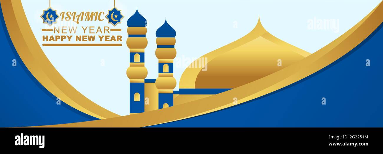 Happy Islamic Muharram New Year Idul Adha Banner mit goldenem Gradienten und blauer Gradienten-Kombination perfekt für islamische Urlaubszwecke Stock Vektor
