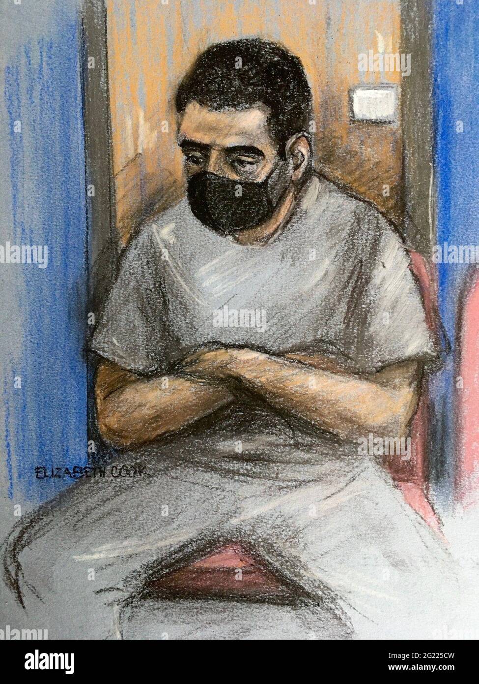 Gerichtskünstlerskizze vom 13/05/21 von Elizabeth Cook aus Callum Wheeler, 21, erscheint am Krongericht von Maidstone, nachdem sie wegen des Mordes an der Polizeibeamten Julia James angeklagt wurde. Ausgabedatum: Dienstag, 8. Juni 2021. Es wird erwartet, dass am Dienstag ein Mann, der wegen des „extrem gewalttätigen“ Mordes an PCSO Julia James angeklagt ist, vor Gericht erscheint. Callum Wheeler, 21, aus Aylesham, wird beschuldigt, ihr schwere Kopfverletzungen zugefügt zu haben, während sie mit ihrem Hund unterwegs war. Siehe PA Geschichte GERICHTE Akholt. Bildnachweis sollte lauten: Elizabeth Cook/PA Wire Stockfoto