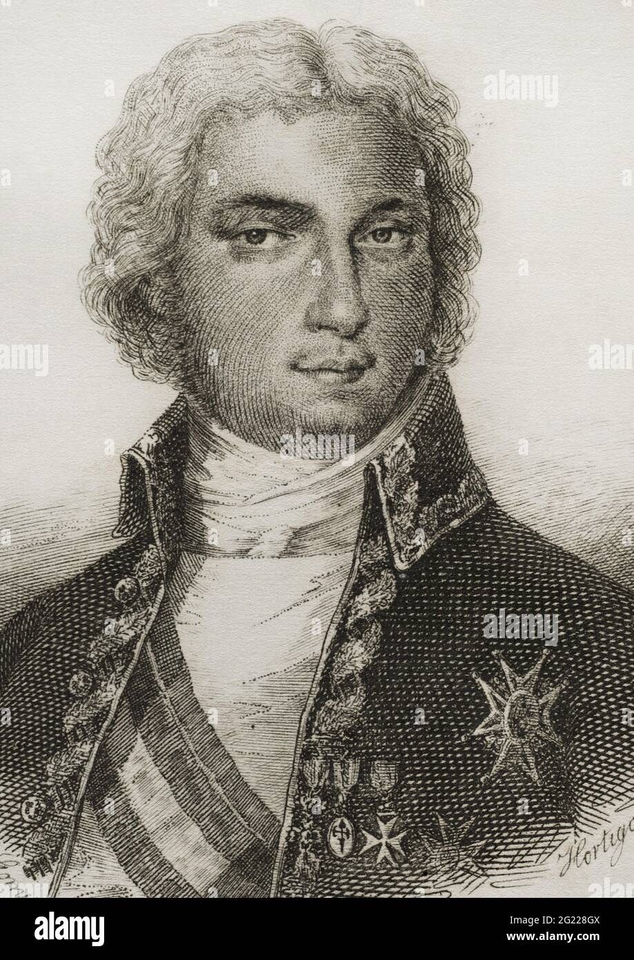 Manuel de Godoy y Alvarez de Faria (1767-1851). Spanischer Politiker. Erster Staatssekretär von Spanien von 1792 bis 1797. „Prinz des Friedens“ und Favorit von Karl IV. Und Königin Maria Luisa. Illustration von Antonio Gómez. Stich von Hortigosa. Historia del Levantamiento, guerra y Revolución de España am Conde de Toreno. Madrid, 1851. Stockfoto
