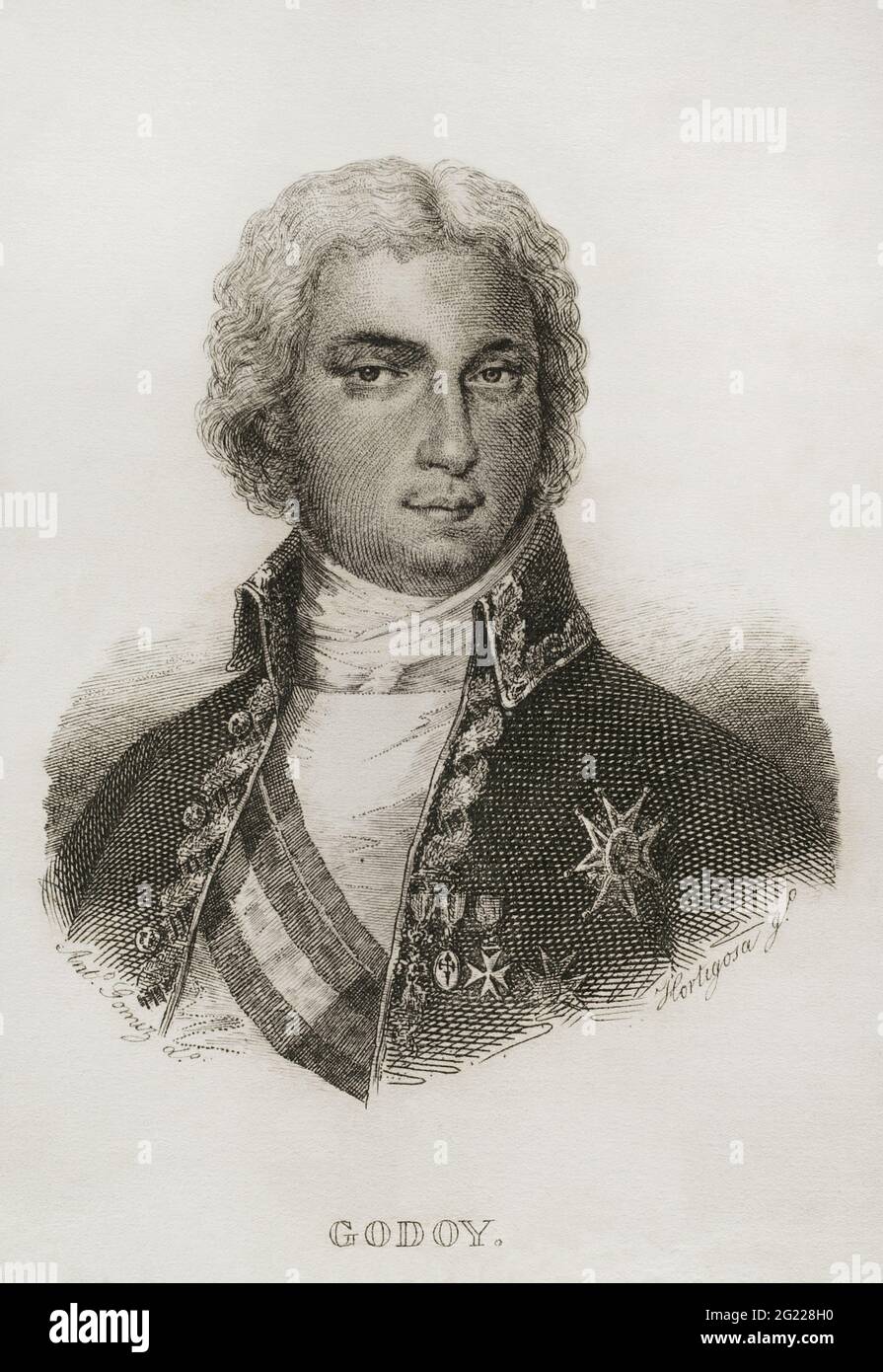 Manuel de Godoy y Alvarez de Faria (1767-1851). Spanischer Politiker. Erster Staatssekretär von Spanien von 1792 bis 1797. „Prinz des Friedens“ und Favorit von Karl IV. Und Königin Maria Luisa. Illustration von Antonio Gómez. Stich von Hortigosa. Historia del Levantamiento, guerra y Revolución de España am Conde de Toreno. Madrid, 1851. Stockfoto