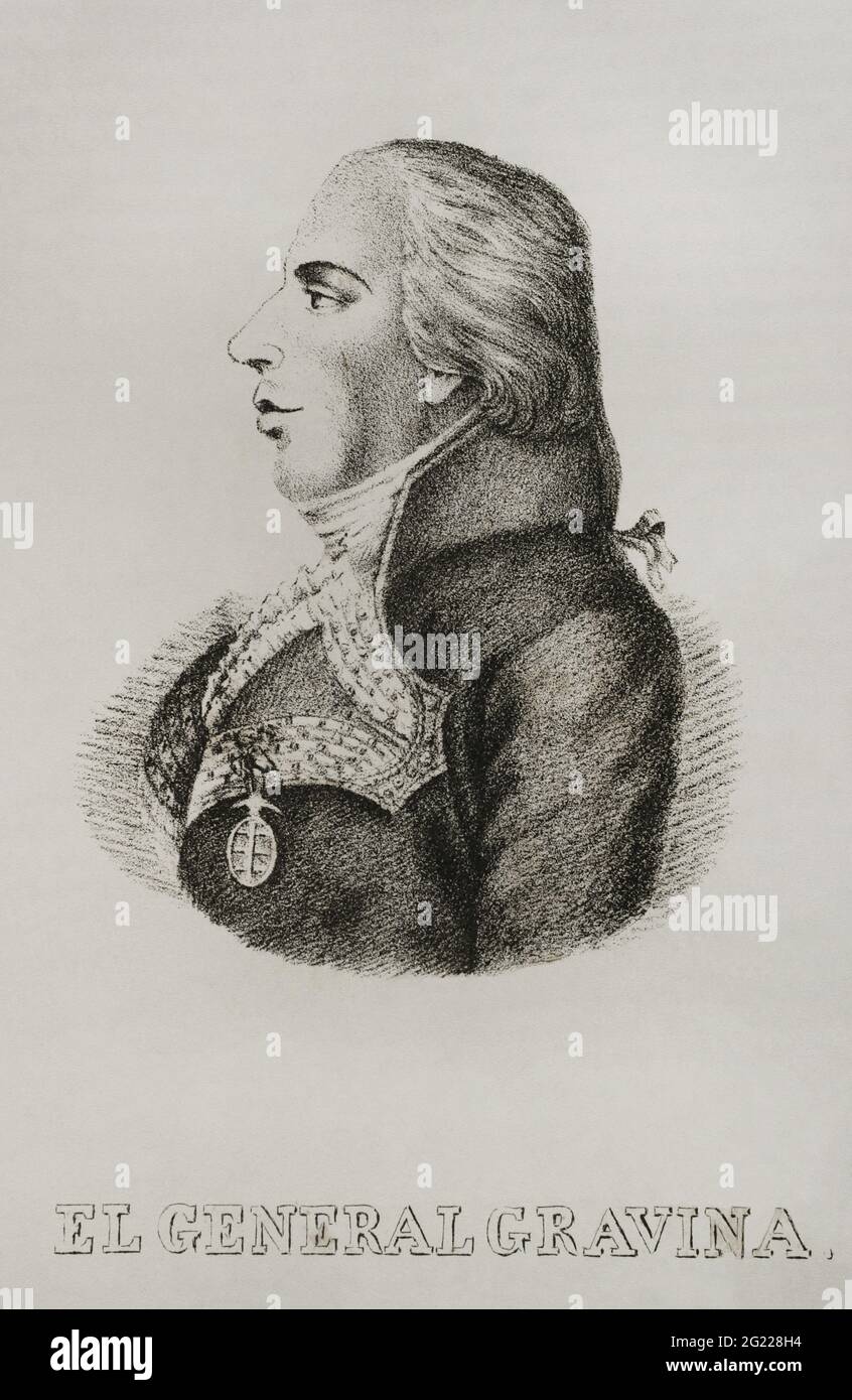 Federico Gravina (1756-1806). Der spanische Admiral während der amerikanischen Revolution und der Napoleonischen Kriege. Er starb an den Folgen der Wunden, die er während der Schlacht von Trafalgar erlitt. Hochformat. Gravur. Historia del Levantamiento, guerra y Revolución de España am Conde de Toreno. Madrid, 1851. Stockfoto