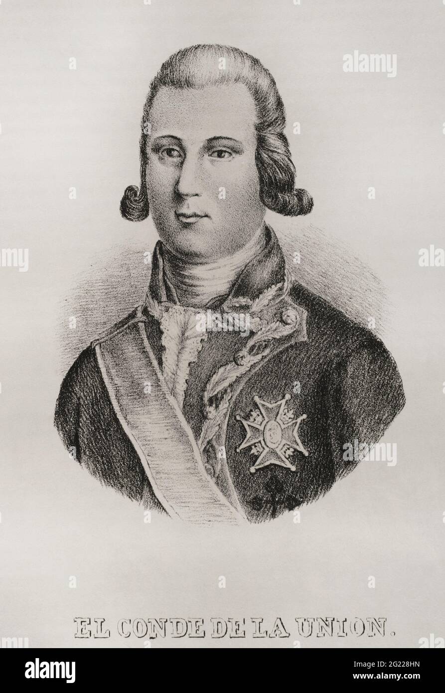 Luis Fermín de Carvajal Vargas y Brun (1752-1794). 1. Graf von La Unión. Spanisches Militär. König Karl III., geboren in Lima (Peru), verlieh ihm 1768 den Adelstitel. Hochformat. Gravur. Historia del Levantamiento, guerra y Revolución de España am Conde de Toreno. Madrid, 1851. Stockfoto